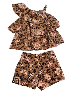 Janie and Jack Brown Floral Butterfly Tiered Ruffle Top & Shorts Set